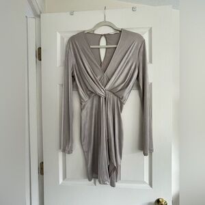 Metallic long sleeve cocktail dress with slit